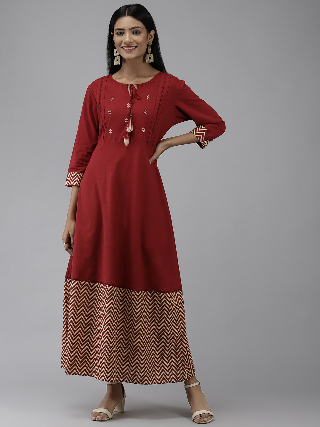 Yufta Maroon & Beige Colourblocked Tie-Up Neck Ethnic A-Line Maxi Dress