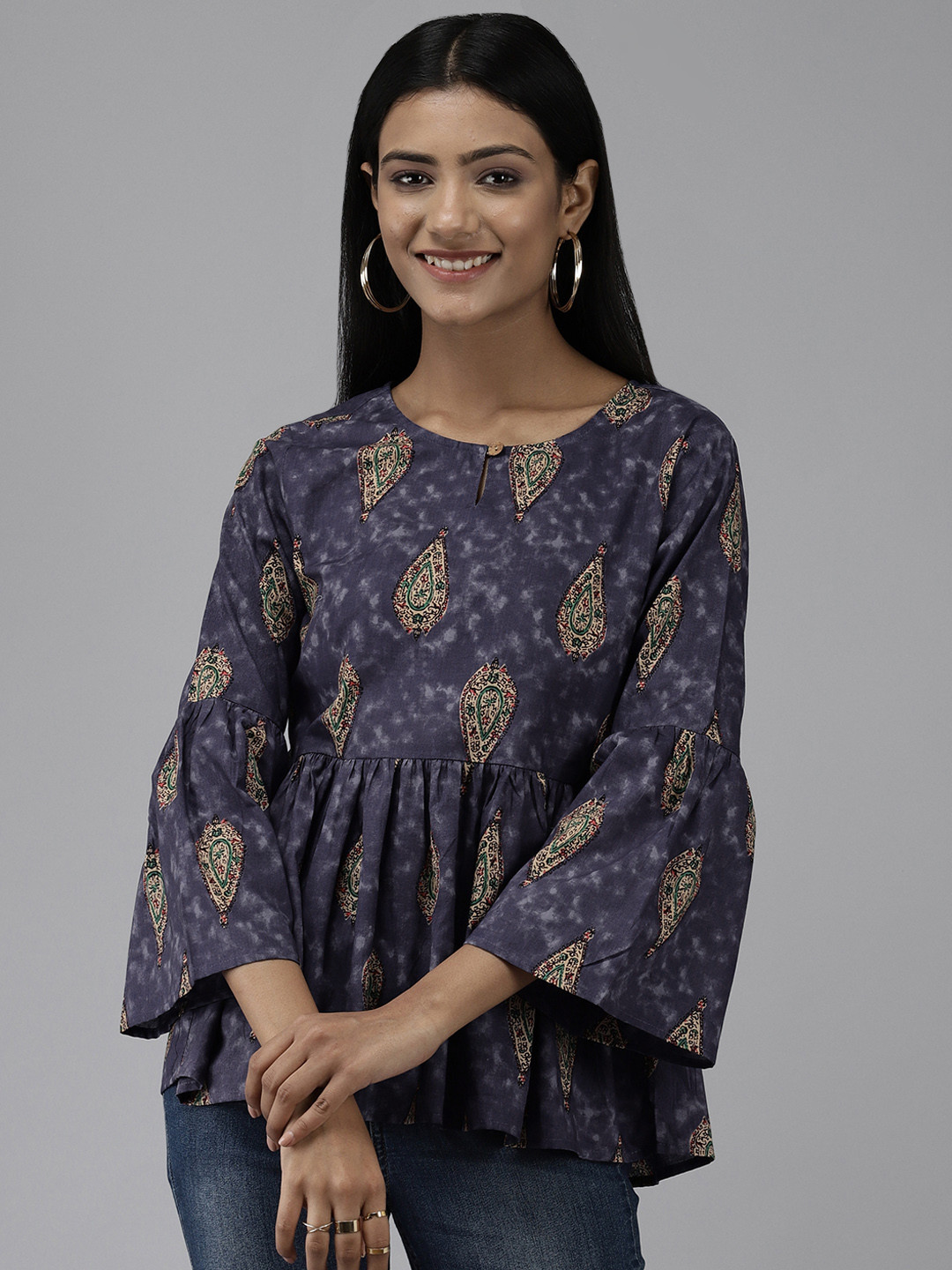 Yufta Navy Blue Printed Peplum Cotton Top