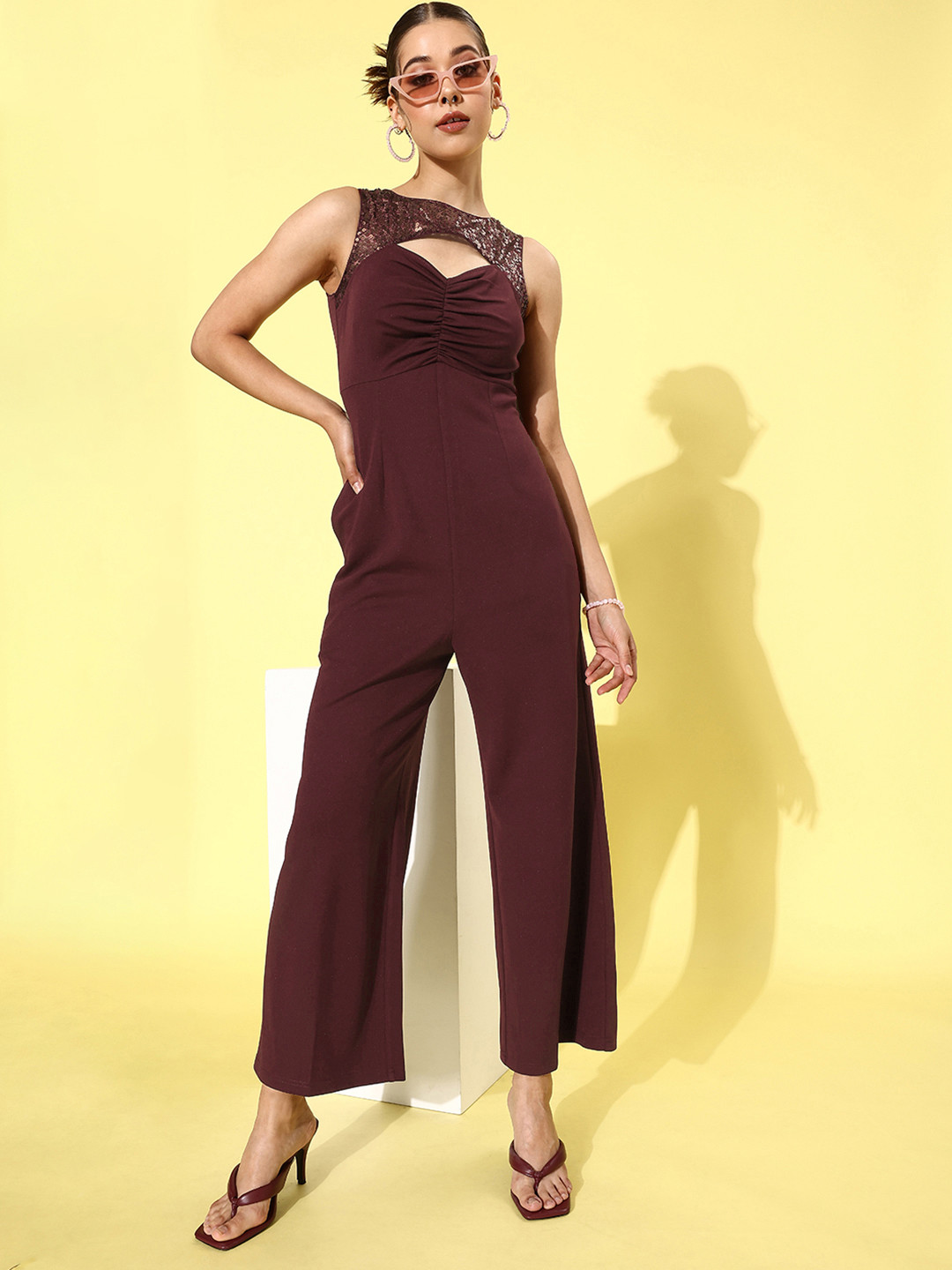 Miss Chase Women Maroon Basic Jumpsuit with Embellished Detail