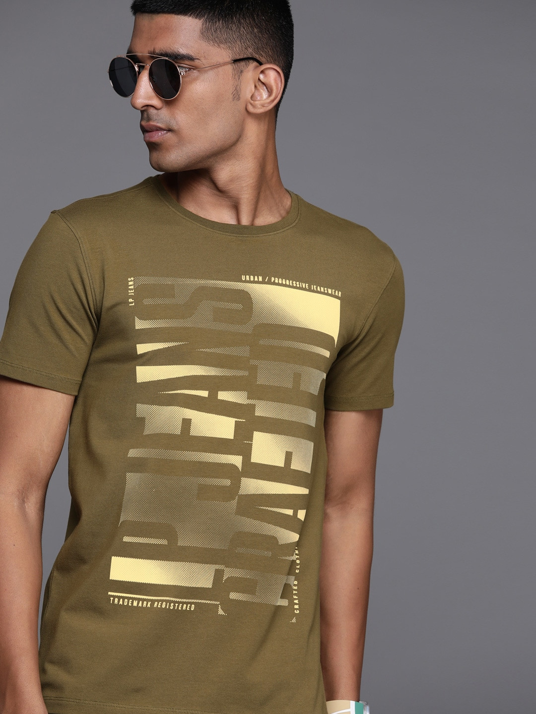 Louis Philippe Jeans Men Olive Green & Cream-Coloured Typography Printed T-shirt