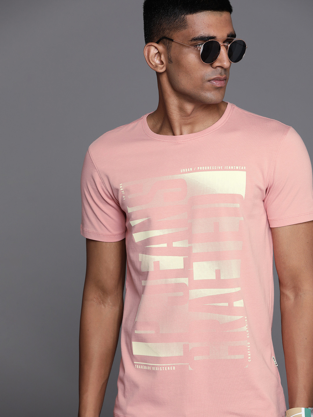 Louis Philippe Jeans Men Pink & Cream-Coloured Typography Printed T-shirt