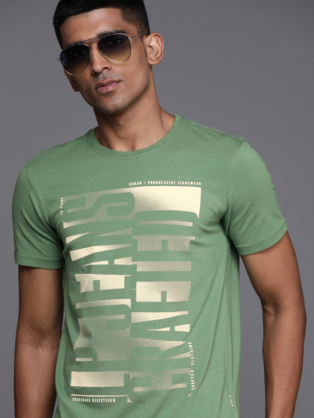 Louis Philippe Jeans Men Green & Cream-Coloured Typography Printed T-shirt