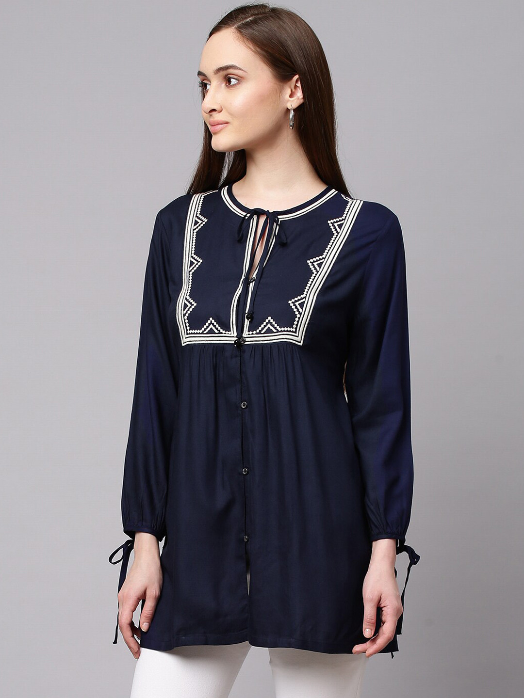 Modern Indian by CHEMISTRY Navy Blue & White Yoke Embroidered Pleated Straight Short Kurti