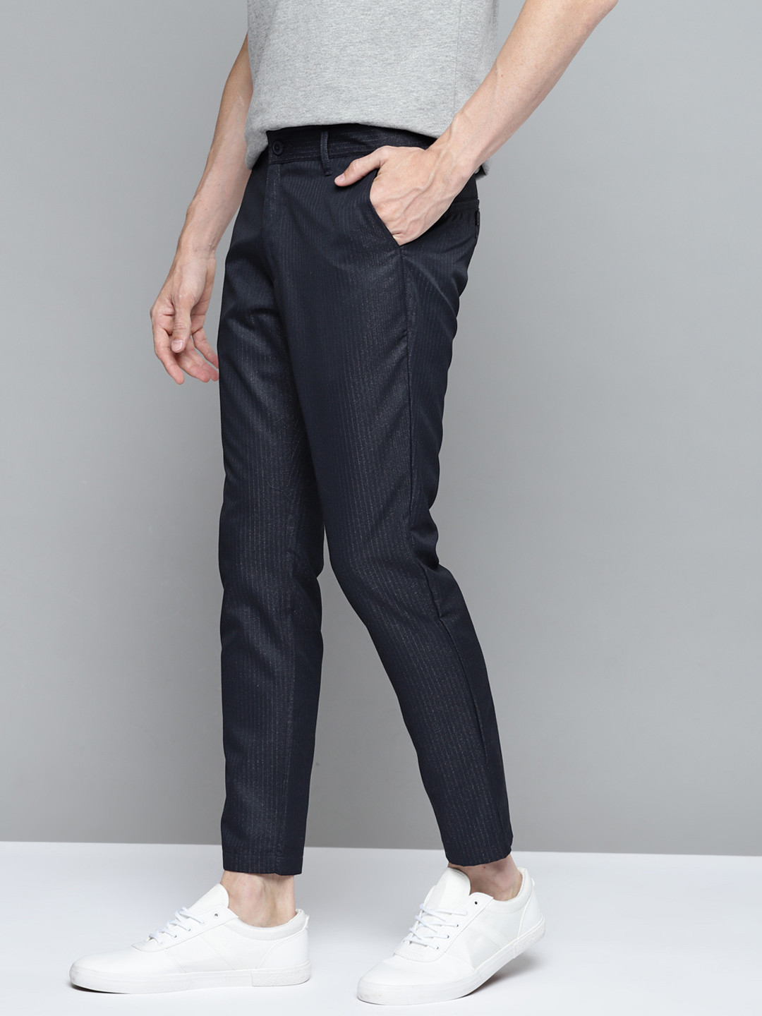 Mast & Harbour Men Navy Blue Striped Regular Fit Trousers