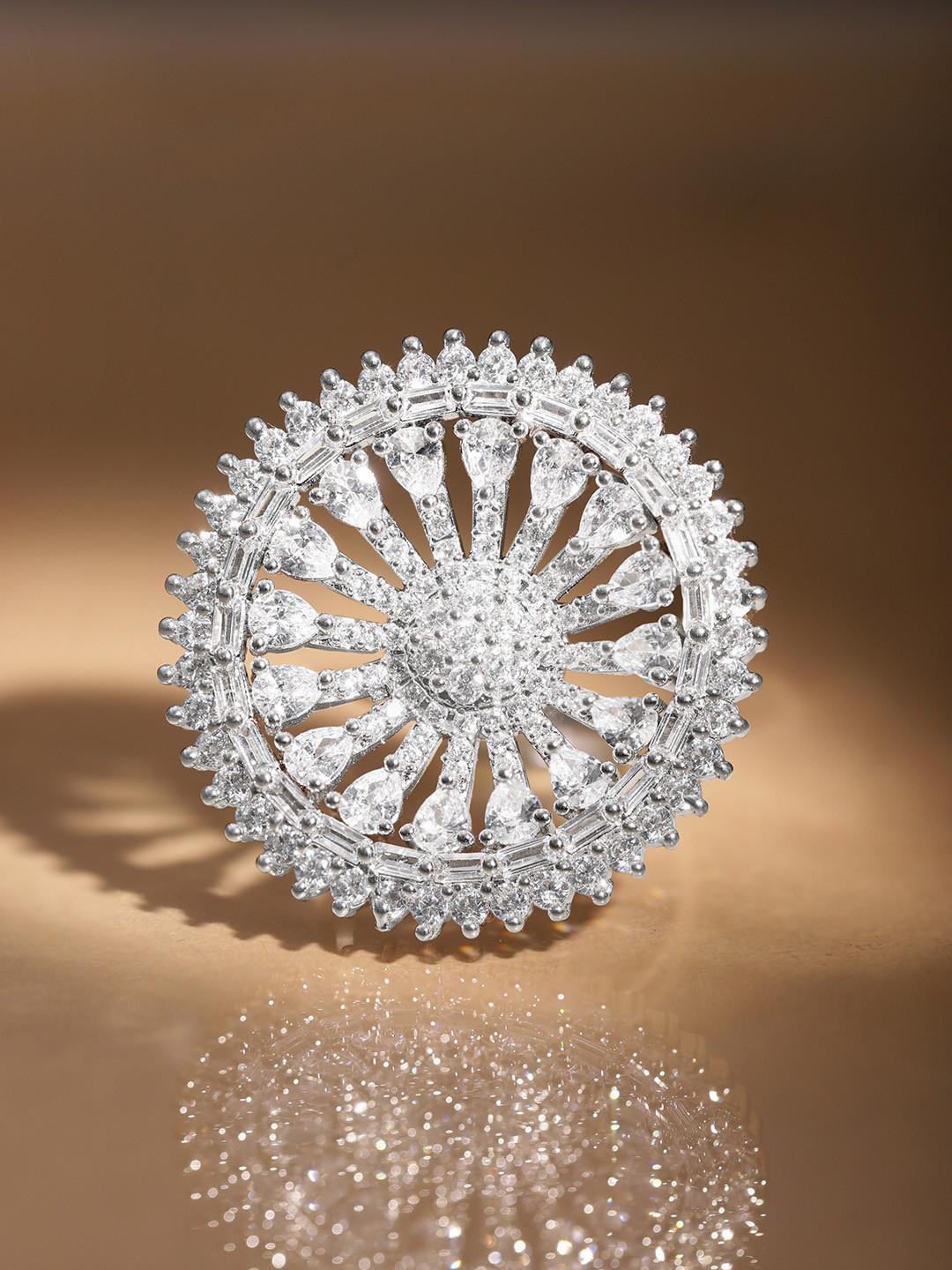 Rubans Rhodium-Plated White Cubic Zirconia Studded Circular Statement Adjustable Ring