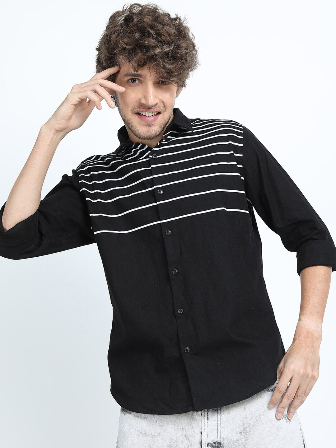 KETCH Men Black Slim Fit Striped Cotton Casual Shirt