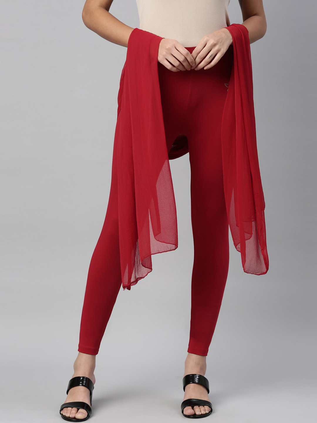 TWIN BIRDS Women Burgandy Solid Ankle Length Legging & Shawl