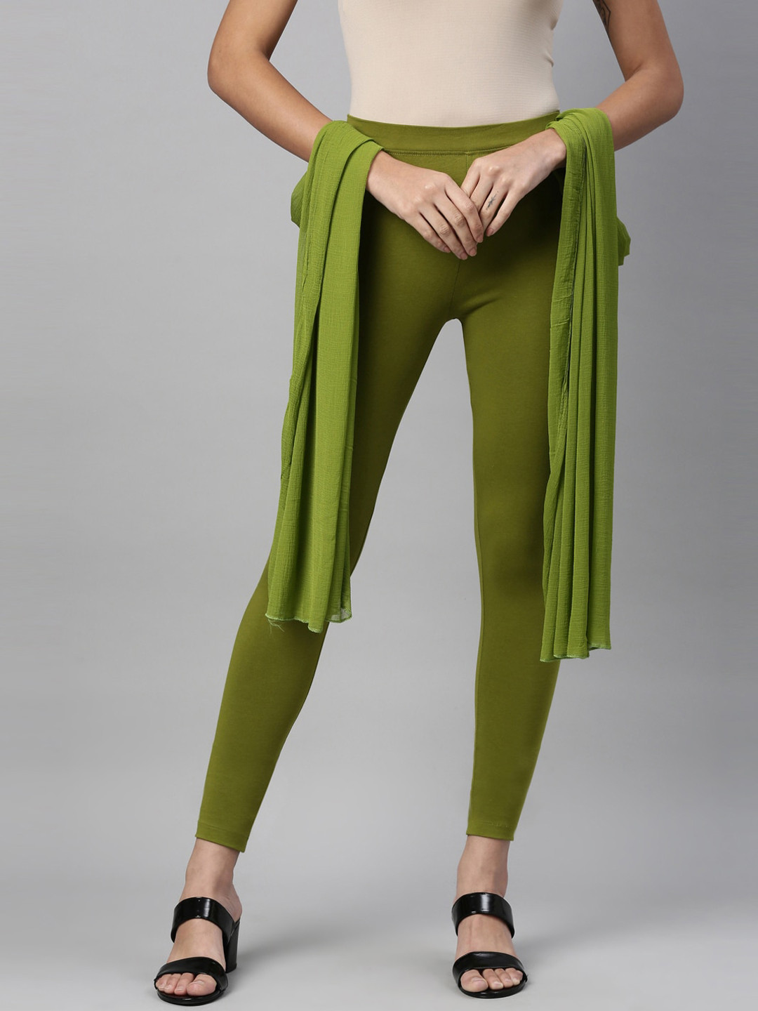 TWIN BIRDS Women Olive-Green Solid Ankle Length Leggings & Shawl