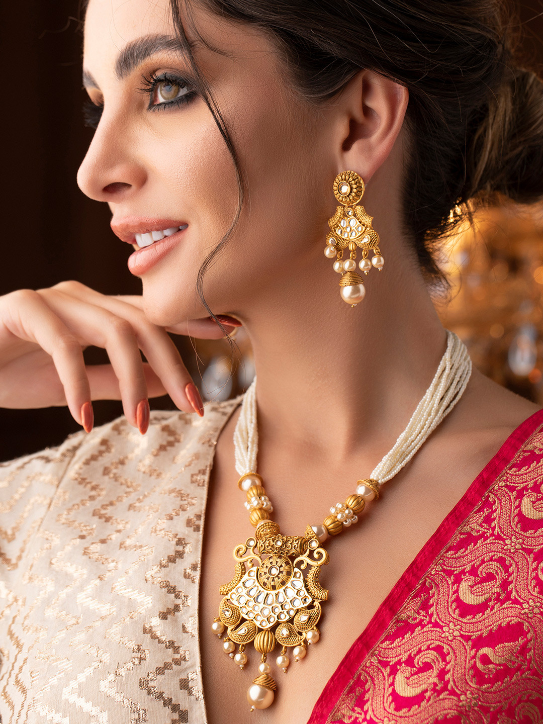 Rubans 22K Gold Plated White Kundan & Pearl Studded & Beaded Multi-Strand Necklace Set