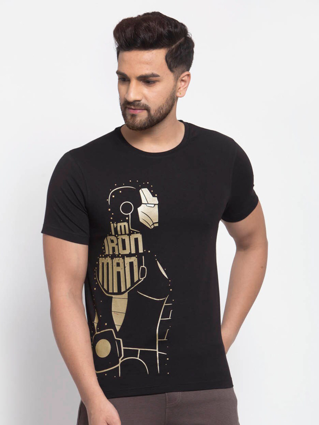 SPORTO Men Black & Gold Iron Man Printed Cotton T-shirt