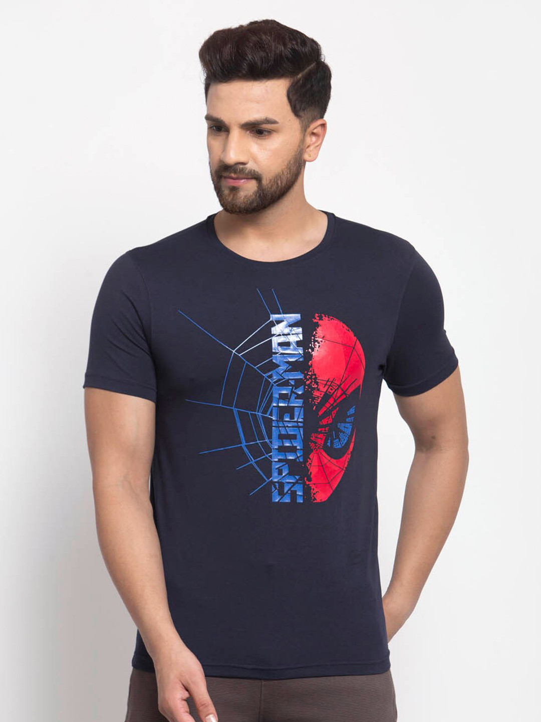 SPORTO Men Navy Blue Spider-Man Printed Cotton T-shirt