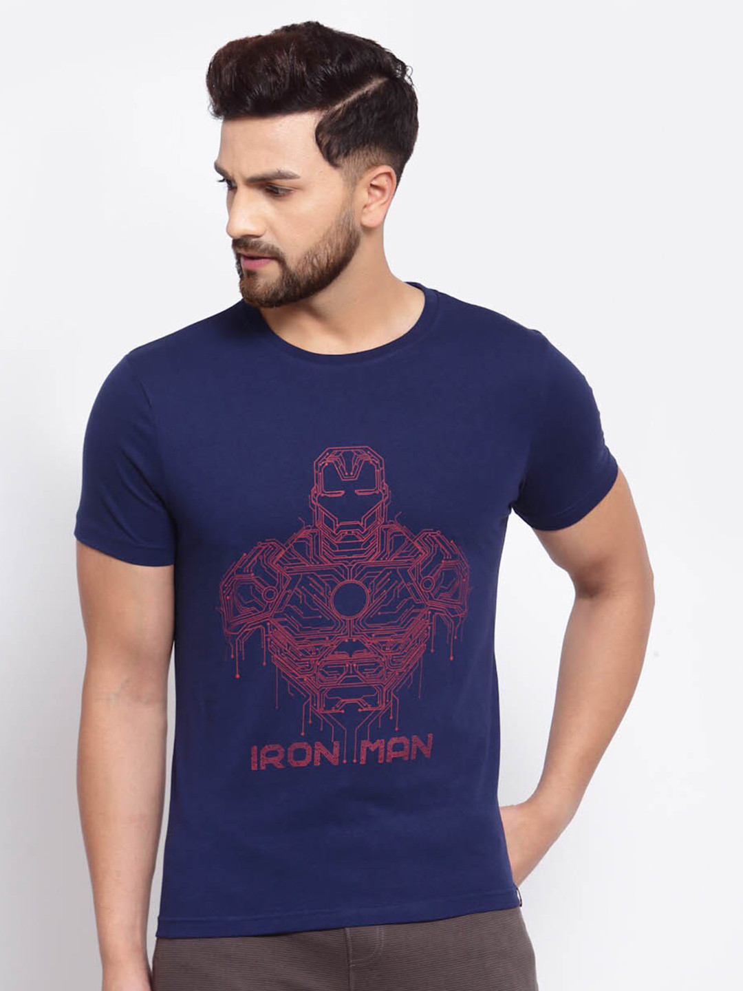 SPORTO Men Navy Blue & Red Iron Man Printed Cotton Round Neck T-shirt