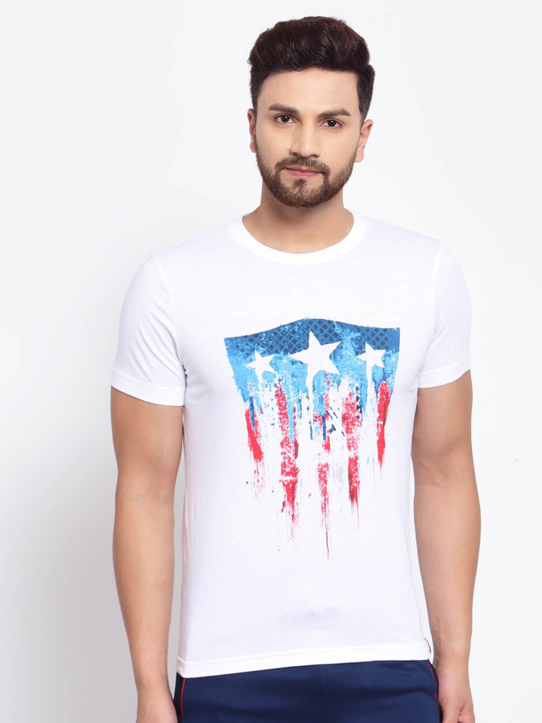 SPORTO Men White Captain America Printed Cotton T-shirt