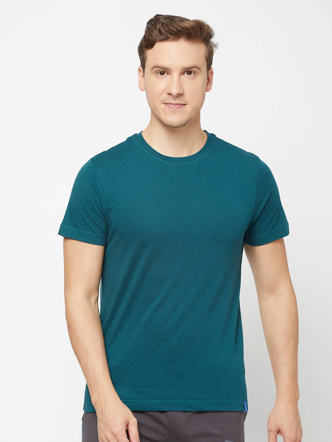 SPORTO Men Turquoise Blue Solid Cotton T-shirt