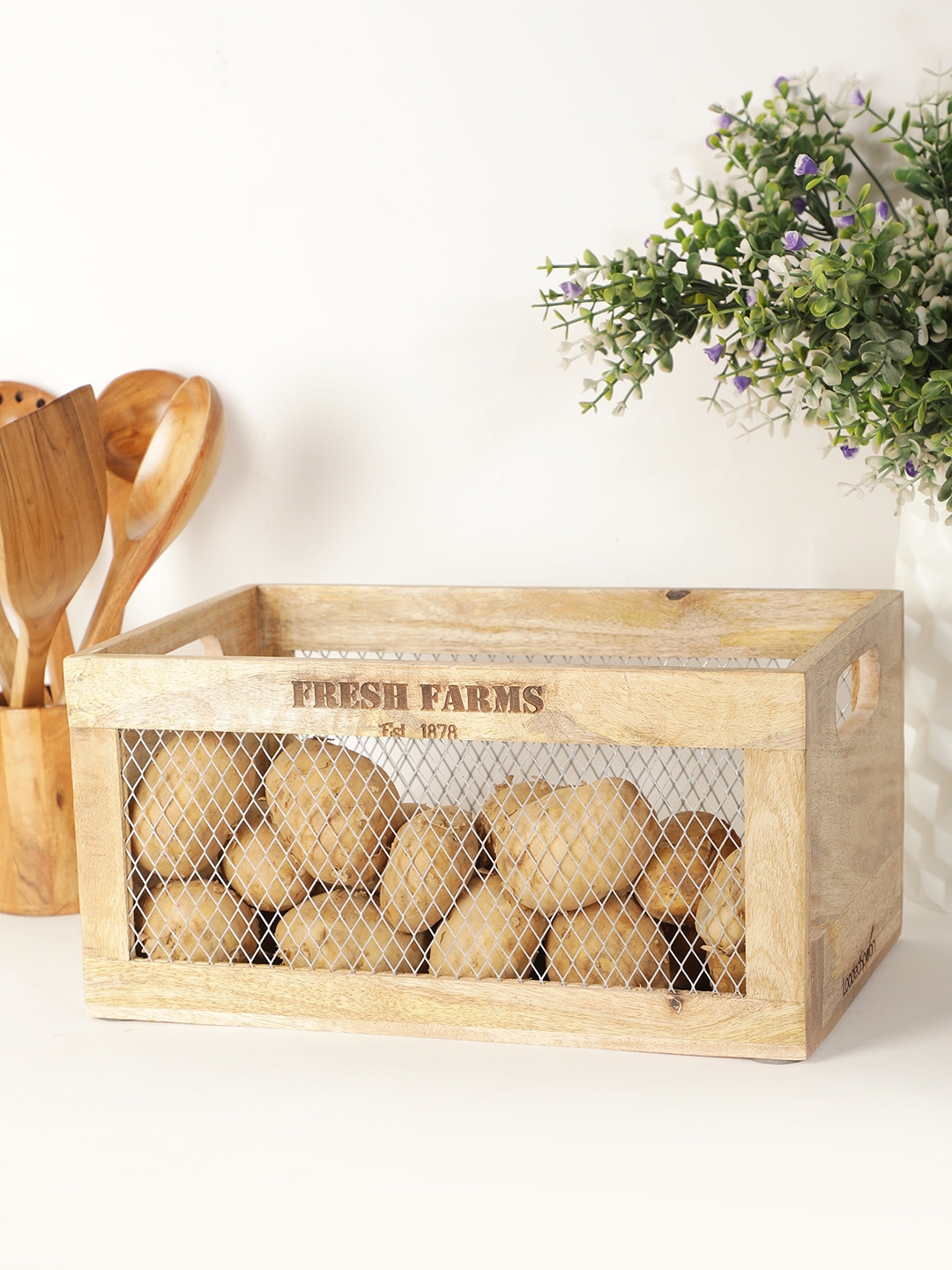 NURTURE INDIA Beige Wooden Vegetable Crate