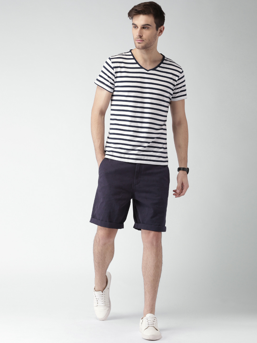 Mast & Harbour Men White & Navy Striped V-Neck T-shirt