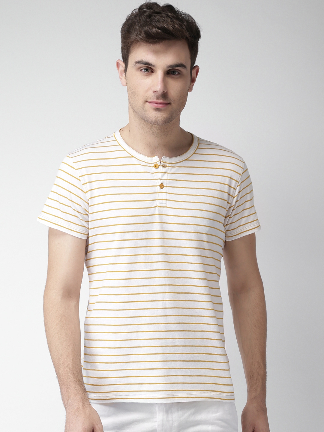 Buy Mast And Harbour Men Mustard Yellow And White Striped Henley Neck T Shirt Tshirts For Men Myntra 5520