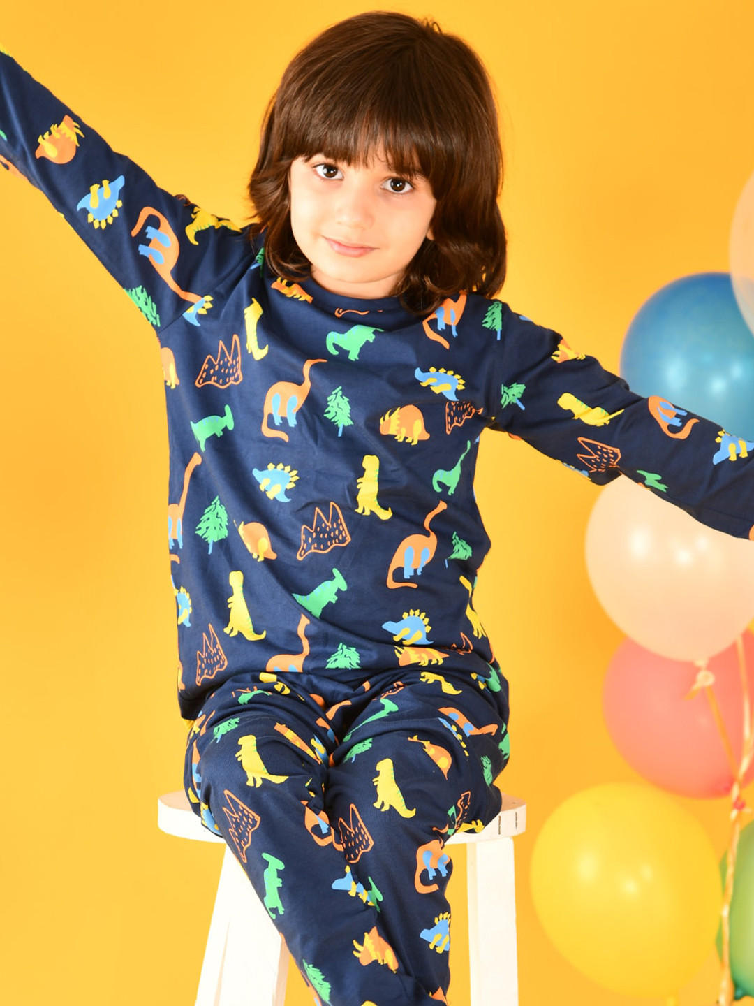 Anthrilo Boys Navy Blue & Yellow Printed Cotton Night suit