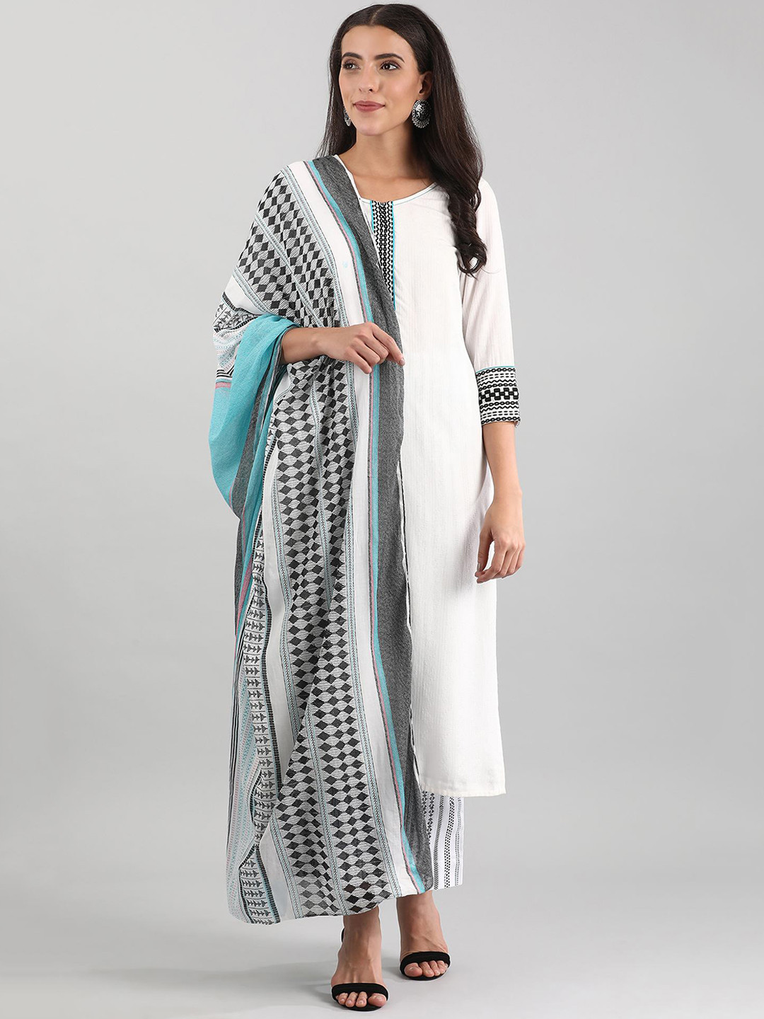 AURELIA Women White Panelled Kurta with Trousers & With Dupatta