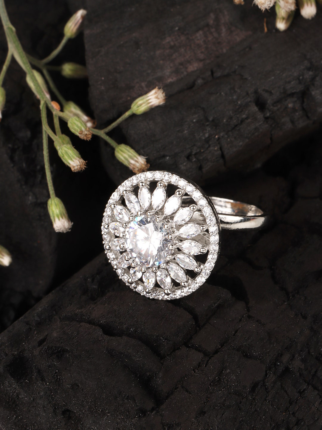 JEWELS GEHNA Silver-Plated White Rhodium Plated Cocktails American Diamond Finger Ring