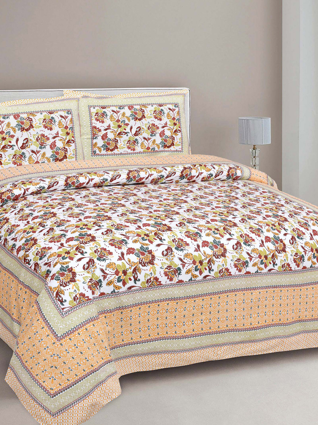 JAIPUR FABRIC Brown Floral Cotton 180 TC Queen Bedsheet with 2 Pillow Covers-274 x 228 cm