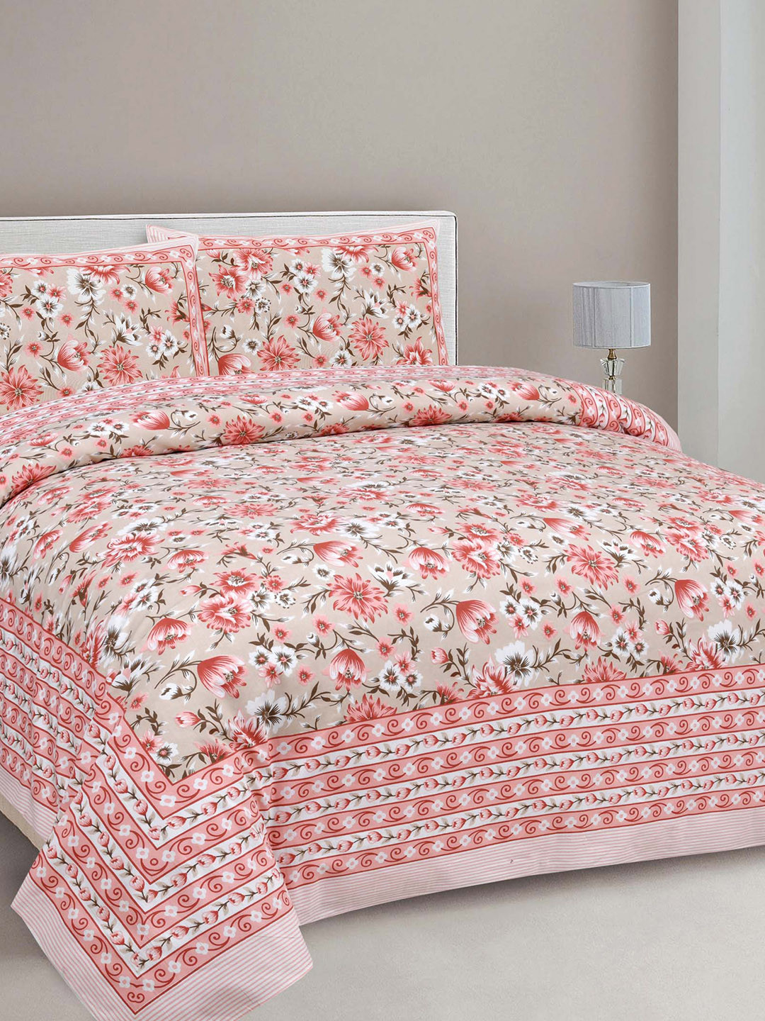 JAIPUR FABRIC Pink Floral Cotton 180 TC Double Fine Bedsheet with 2 Pillow Covers-274 x 228 cm