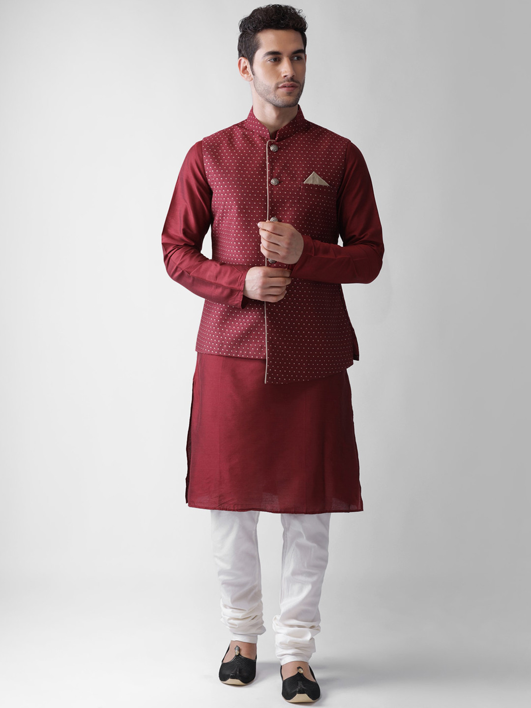 KISAH Men Maroon Kurta & Churidar With Jacket
