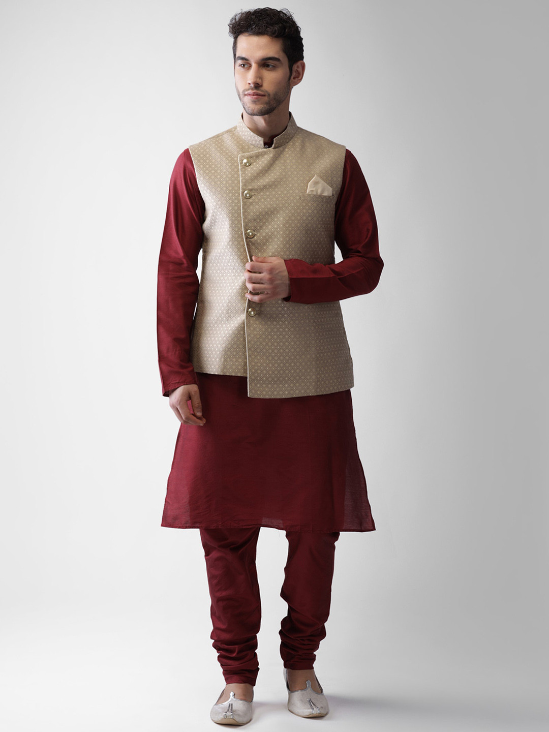 KISAH Men Beige Kurta Set With Nehru Jacket