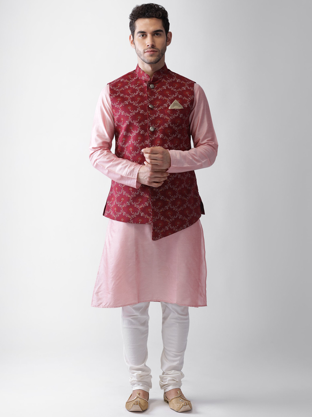 KISAH Men Pink & Maroon Kurta with Churidar & Nehru Jacket