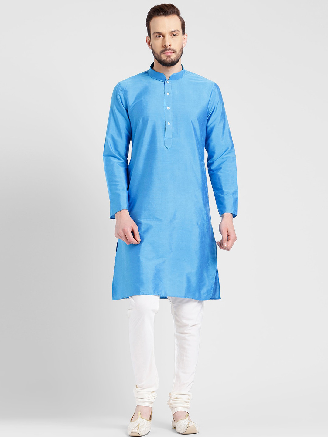 KISAH Men Blue Solid Mandarin Colllar Straight Kurta with Churidar