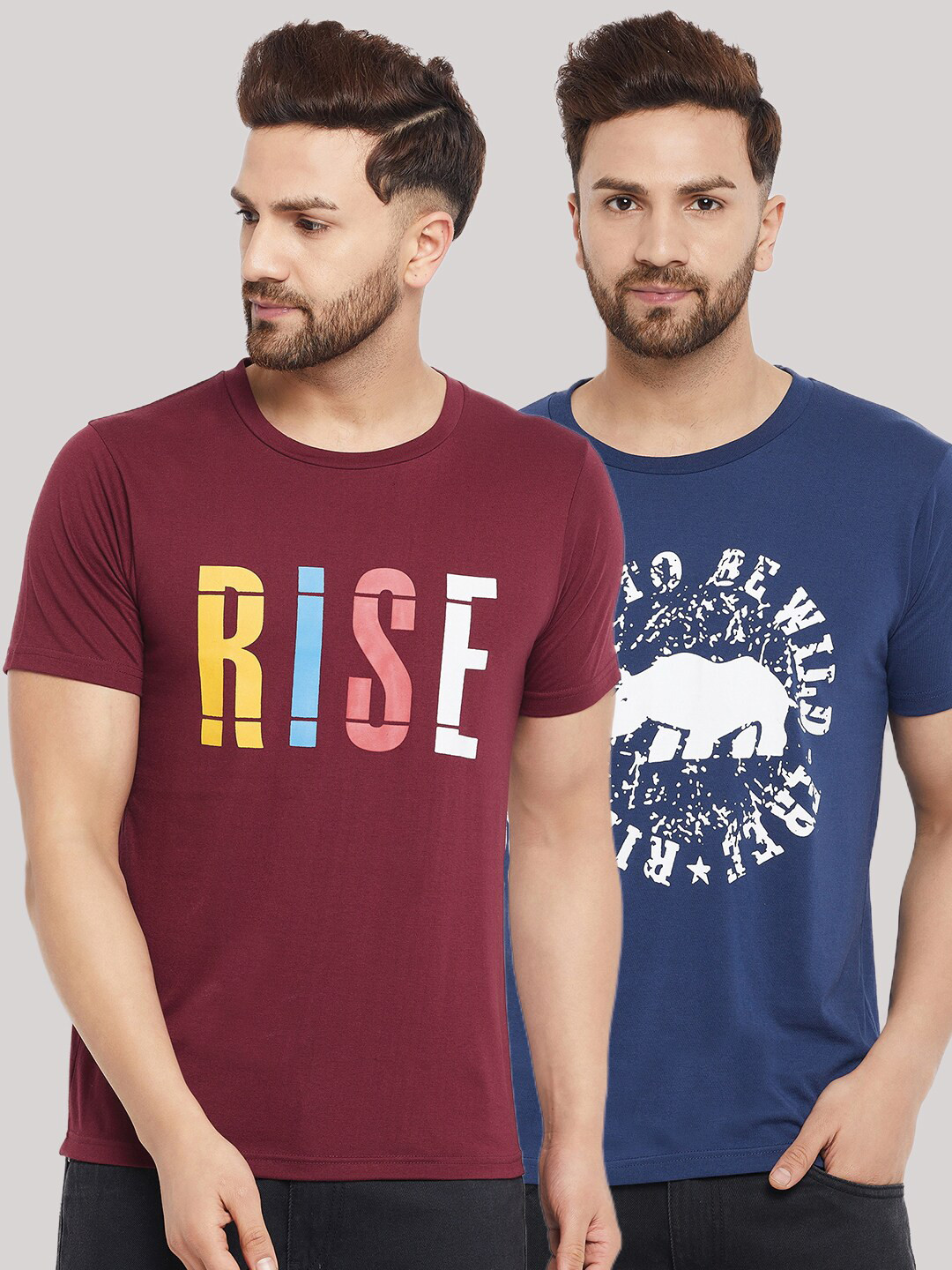 THE MILLION CLUB Men Pack Of 2 Maroon & Blue Typography Printed Cotton T-shirt