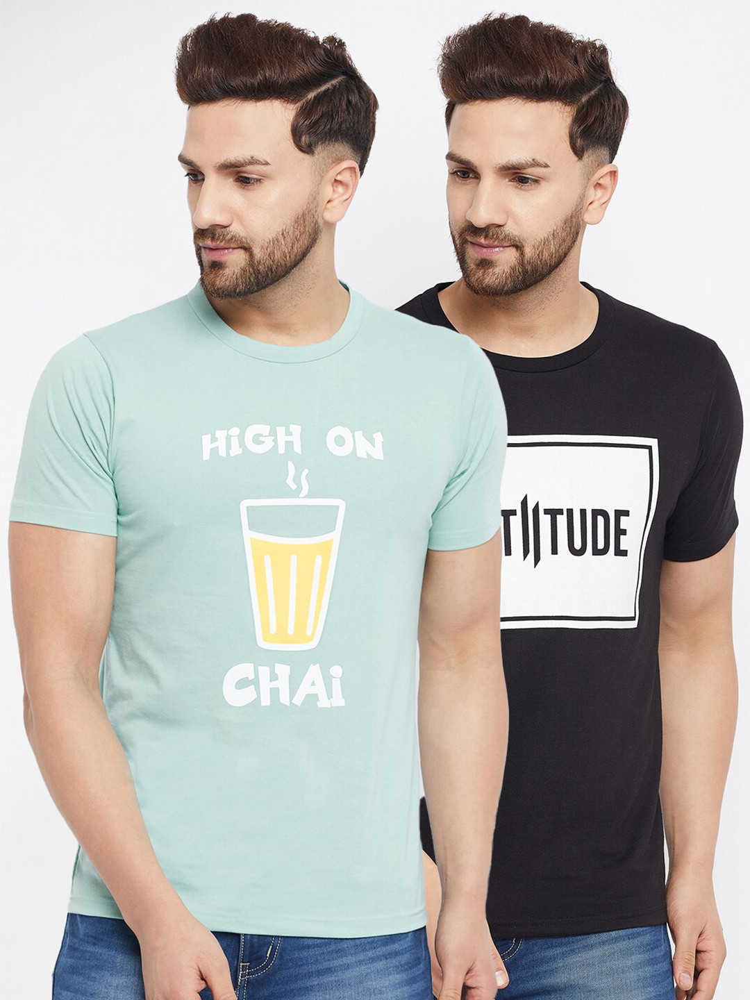 THE MILLION CLUB Men Set of 2 Black & Turquoise Blue Typography Printed T-shirt