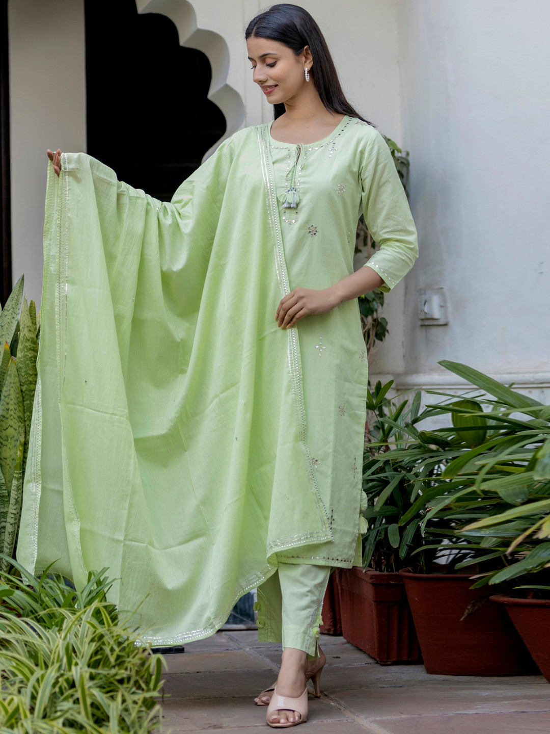 KAAJH Women Green Floral Embroidered Mirror Work Pure Cotton Kurta with Trousers & Dupatta