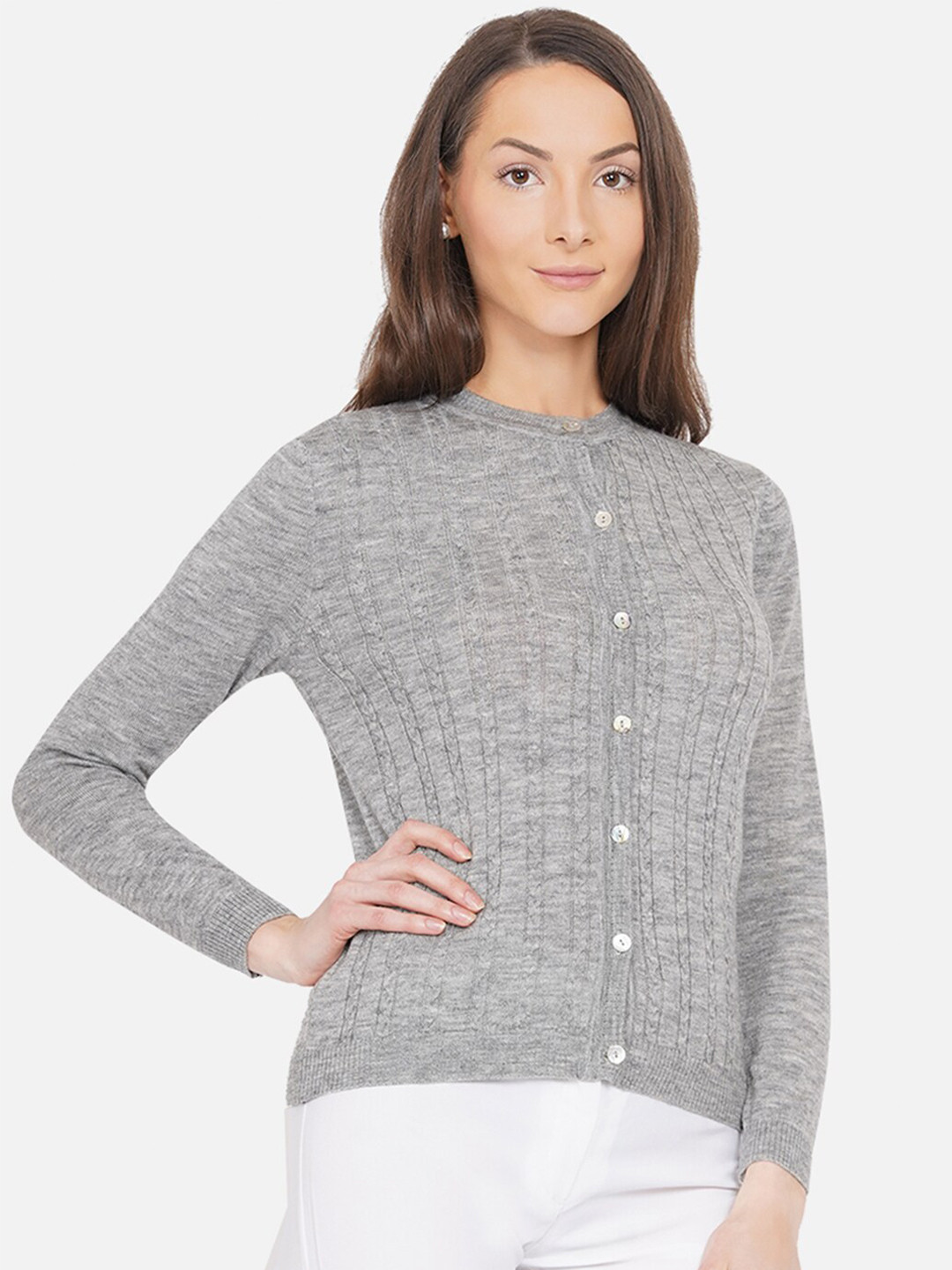 ARMISTO Women Grey Woollen Cable Knit Cardigan