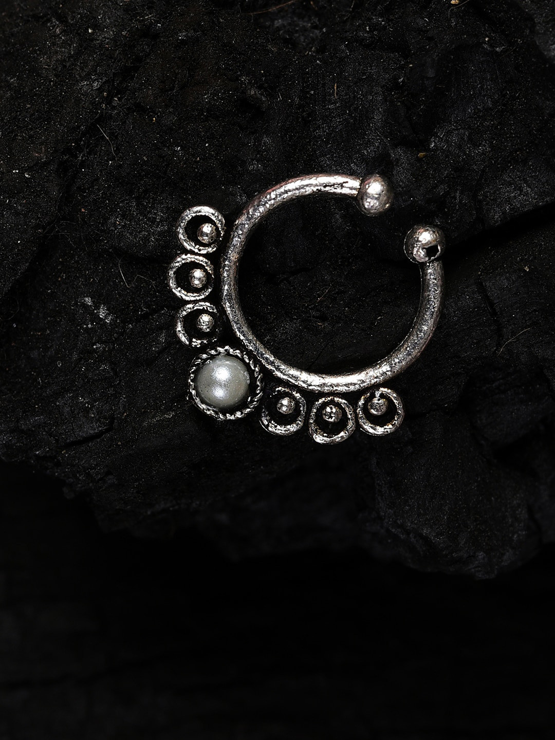 SOHI Oxidized Silver-Plated White Pearl Studded Septum Nose Pin