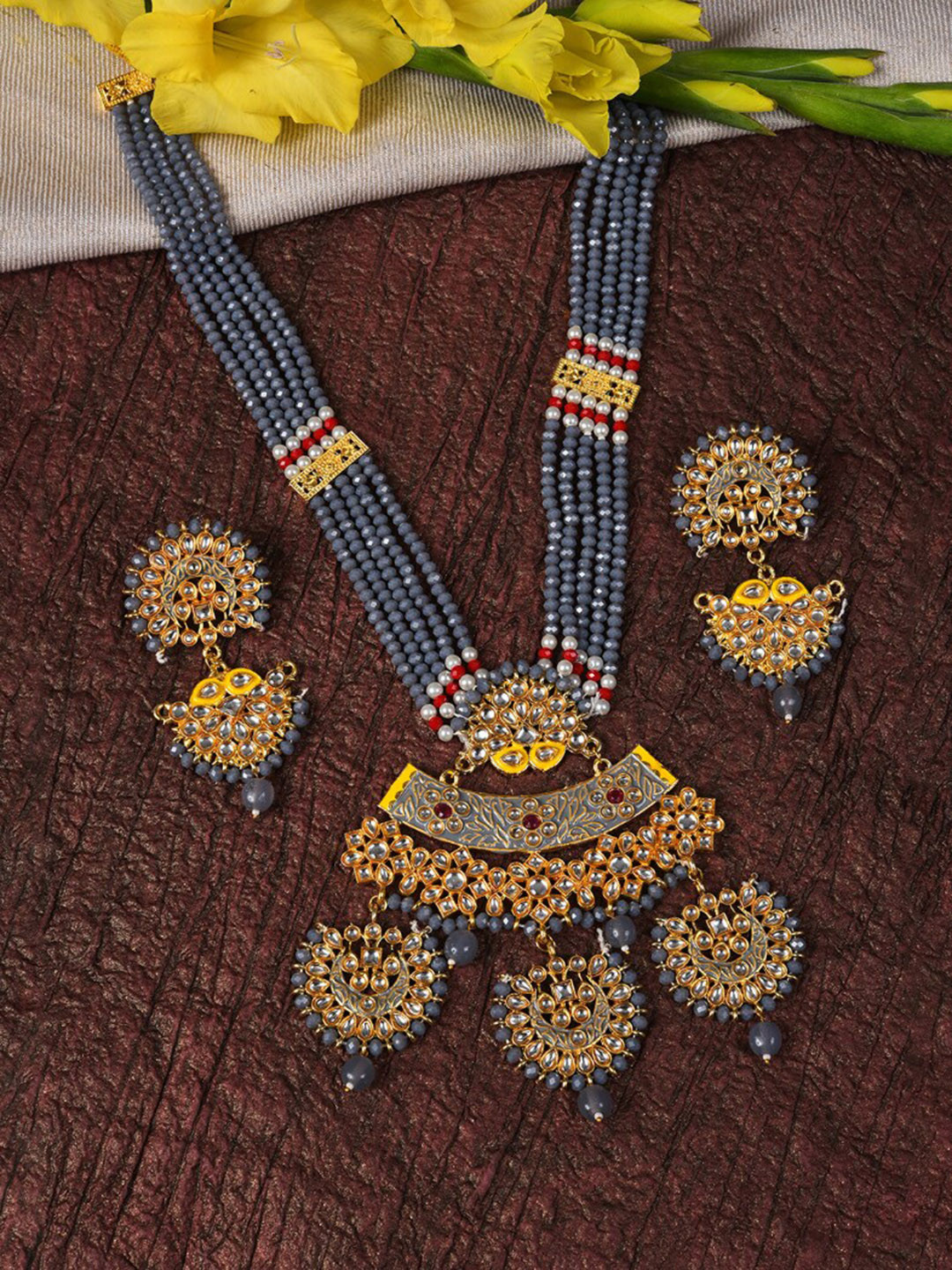 SOHI Gold-Plated & Grey Kundan Meenakari Jewellery Set