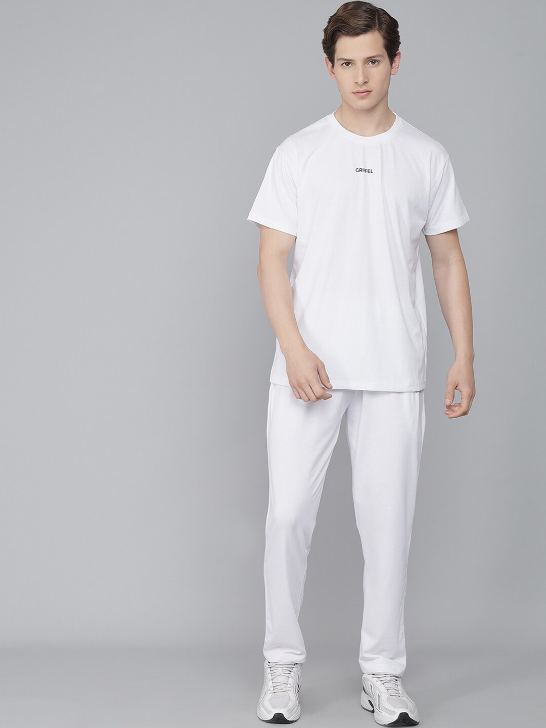 GRIFFEL Men White Solid Pure Cotton Sports T-Shirt & Trackpant Set