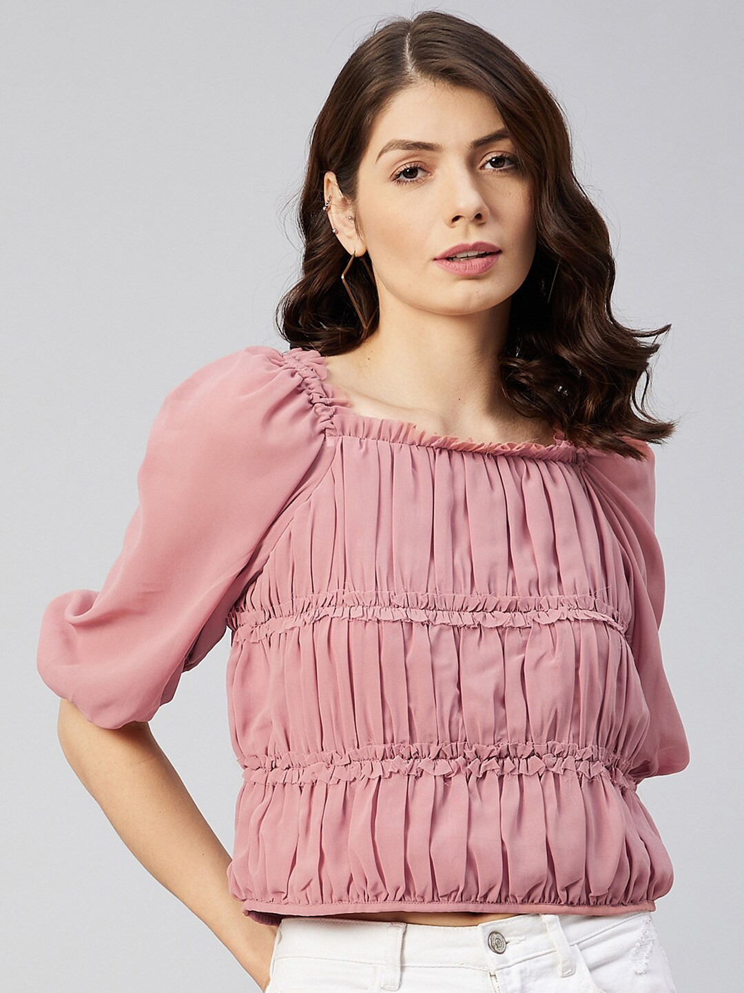 Marie Claire Women Peach-Coloured Georgette Cinched Waist Top