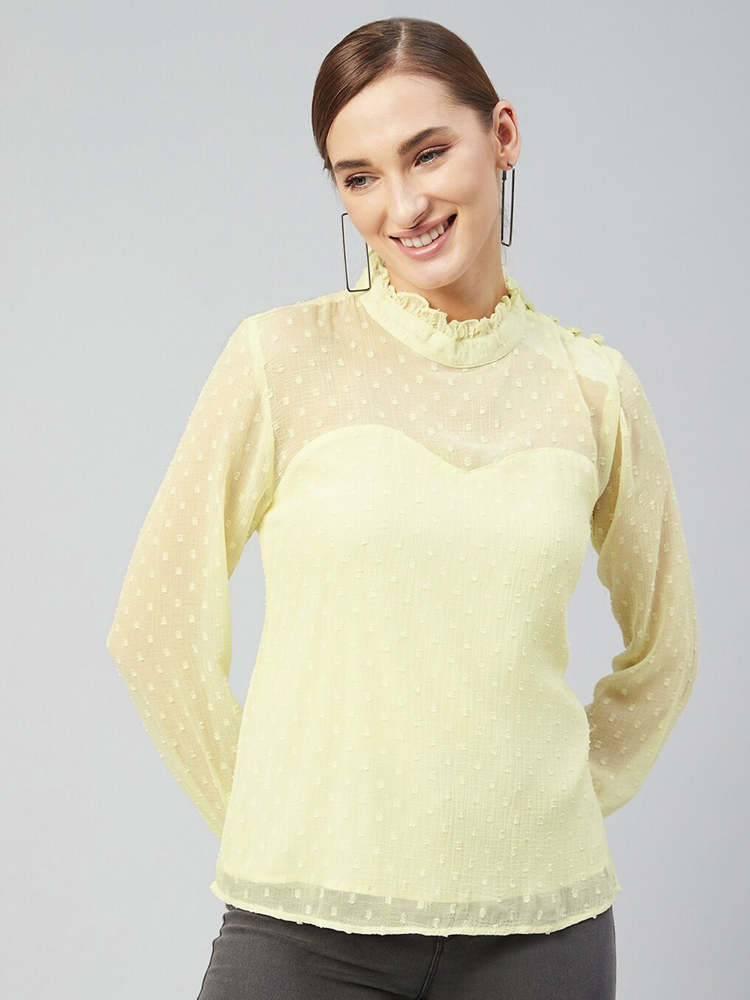 Marie Claire Lime Green Dobby Woven Design Ruffled Chiffon Top