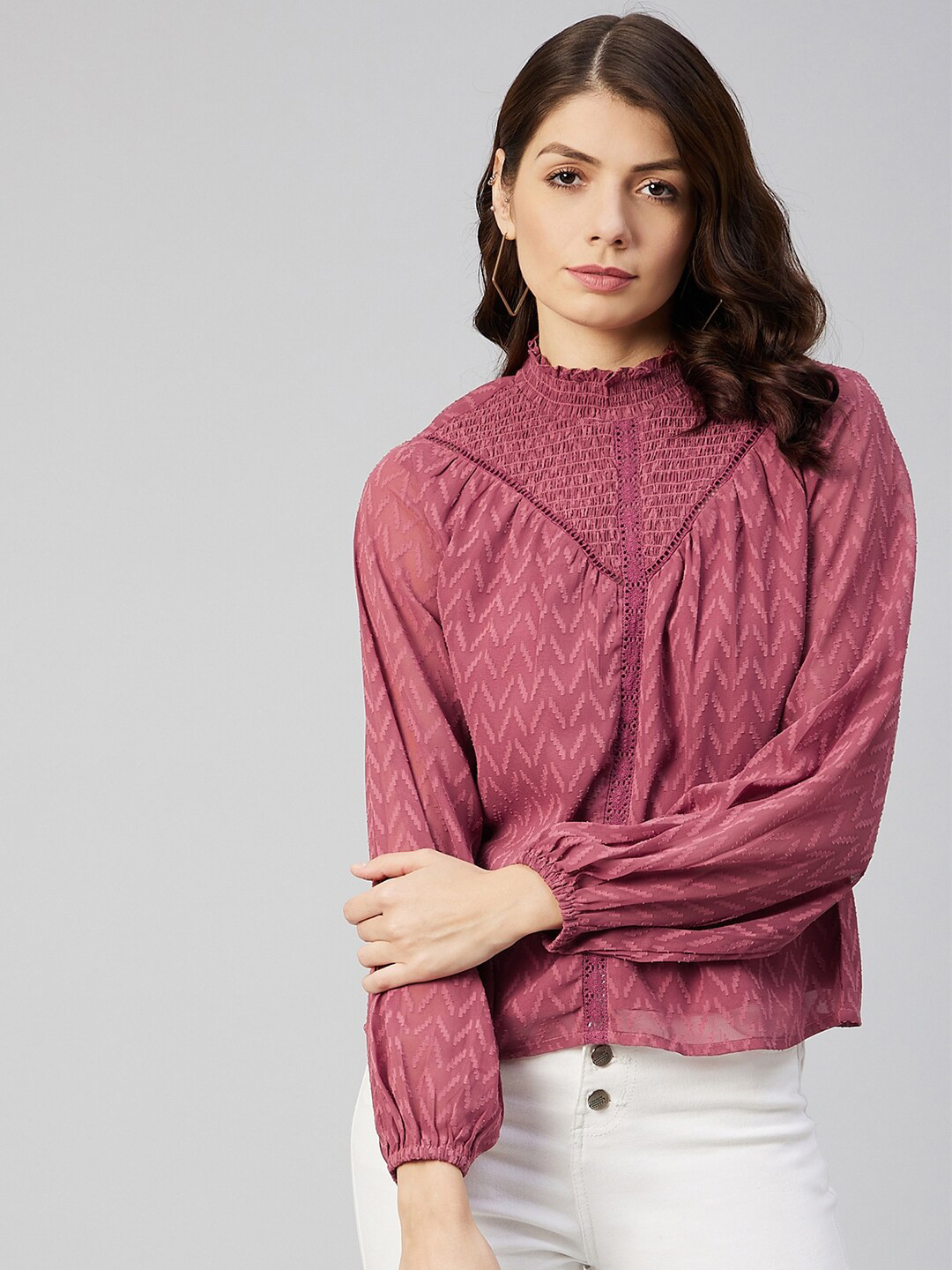 Marie Claire Rust Cuffed Sleeves High Neck Top