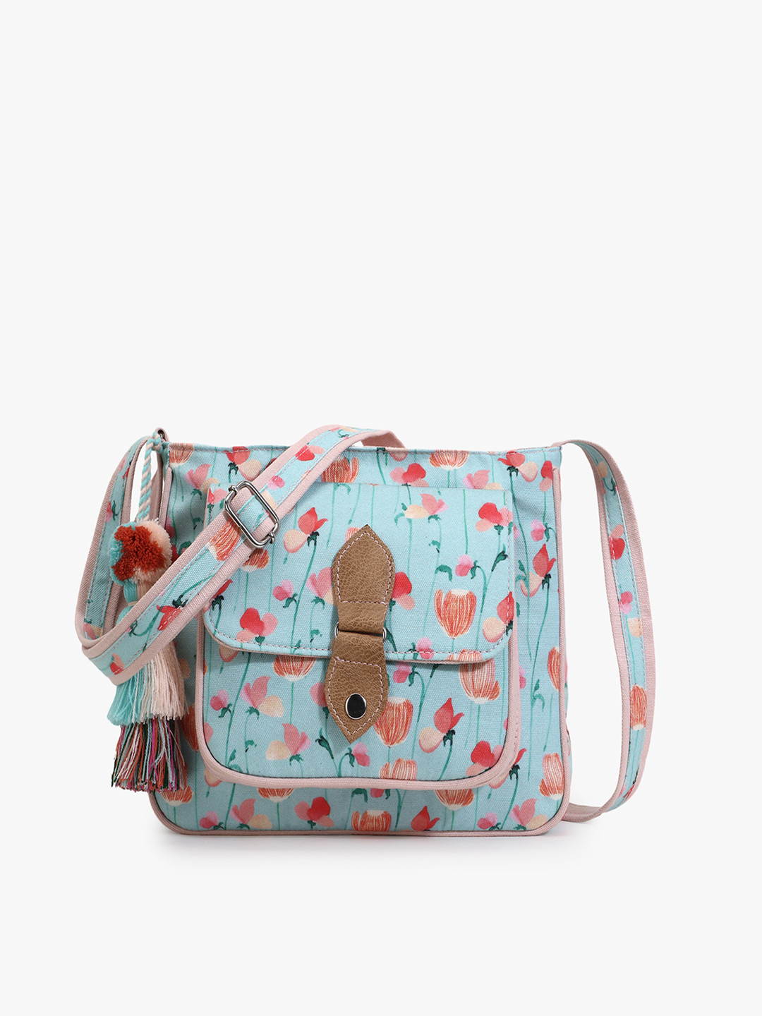 Anekaant Green & Peach-Coloured Floral Digital Printed Structured Sling Bag