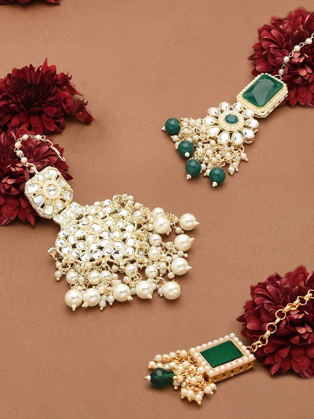 Zaveri Pearls Pack of 3 Gold-Plated Kundan Maangtikkas