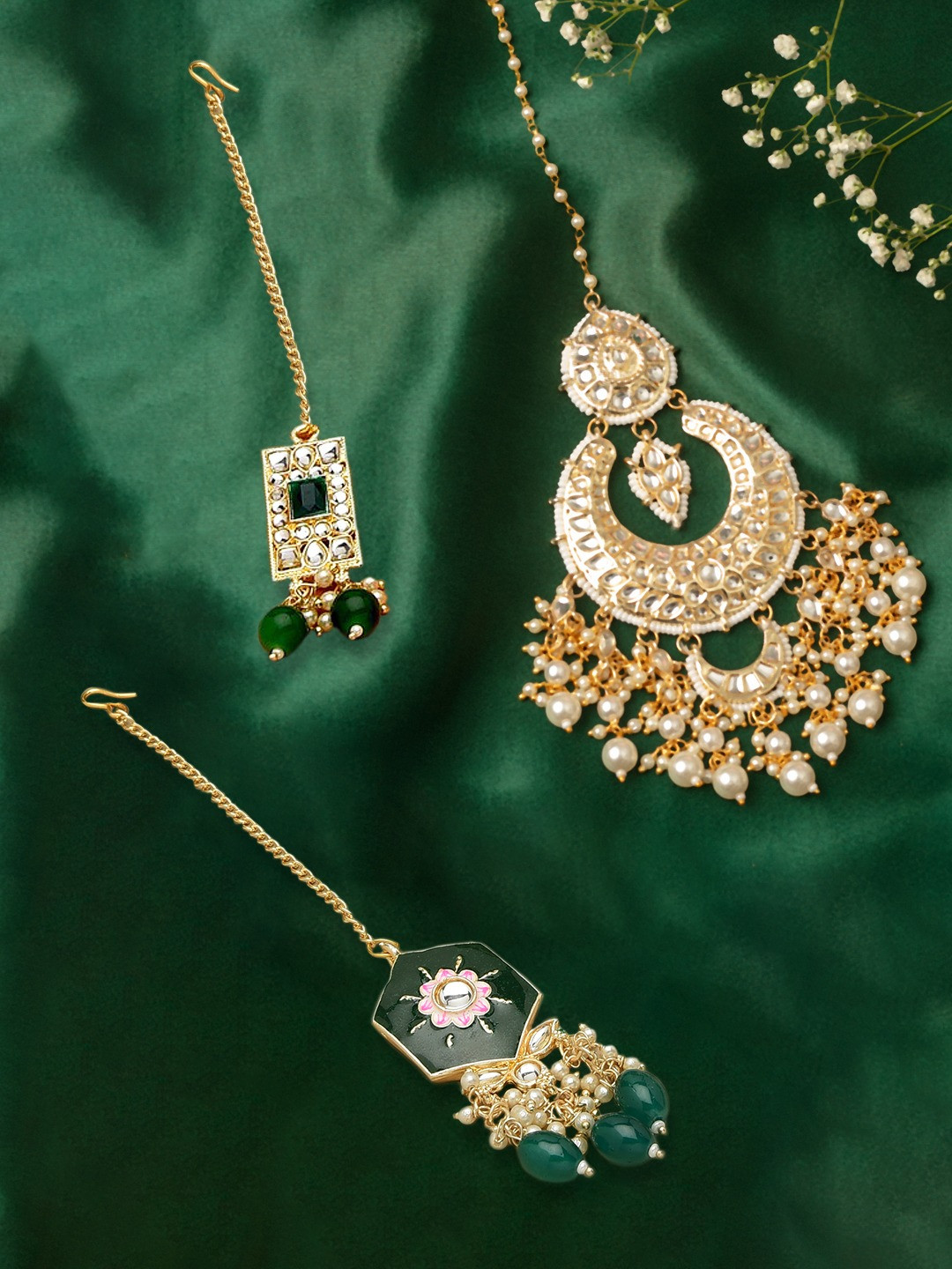 Zaveri Pearls Set Of 3 Gold-Plated White & Green Kundan-Studded & Beaded Maang Tikka