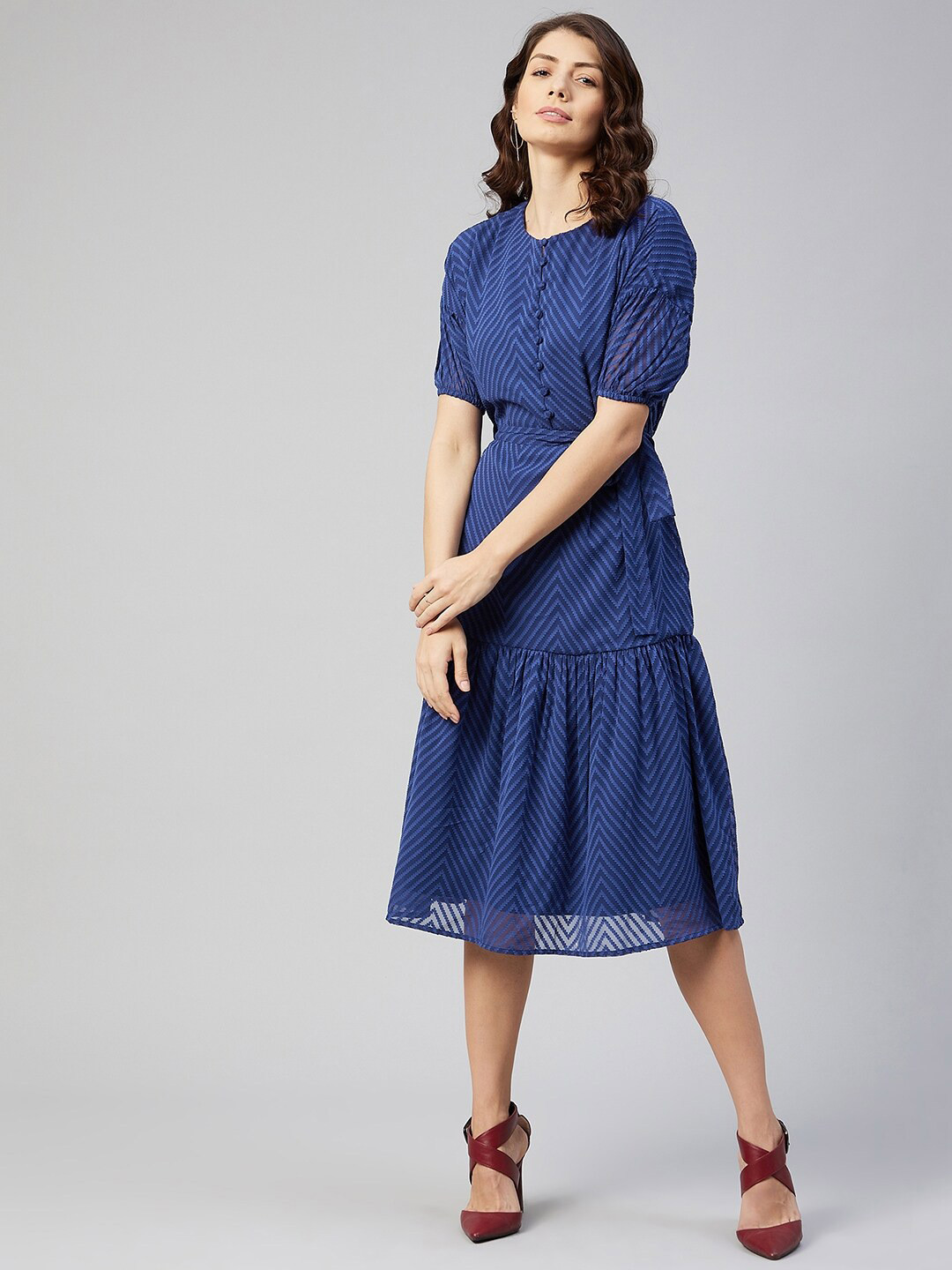 RARE Blue Geometric Belted Georgette Midi Dress