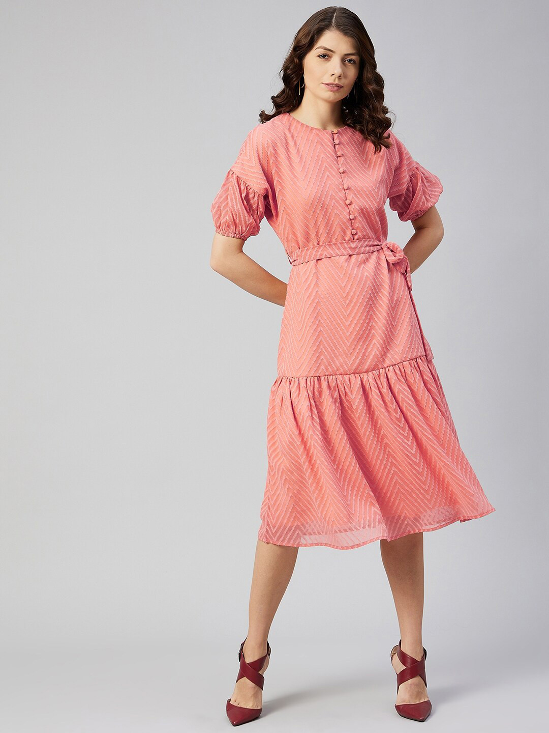 RARE Peach-Coloured Geometric Belted Georgette Midi Dress