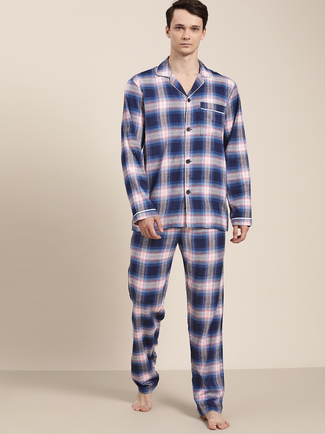Buy Hancock Men Navy Blue Beige Checked Pure Cotton Night suit Night suits for Men 17587510 Myntra
