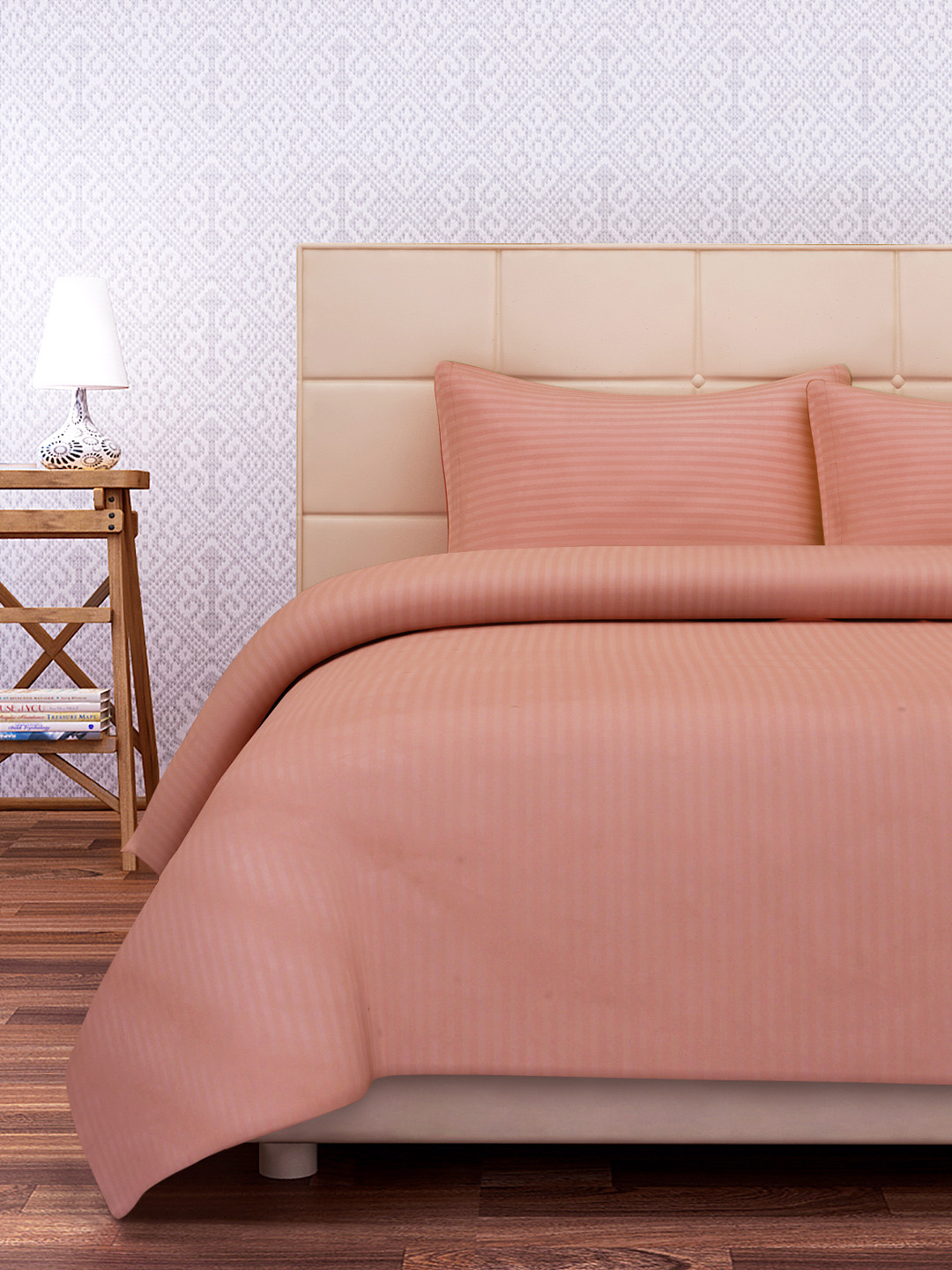 SEJ by Nisha Gupta Peach Striped Cotton Breathable 220 TC King Fine Bedsheet with 2 Pillow Covers-274 x 274 cm