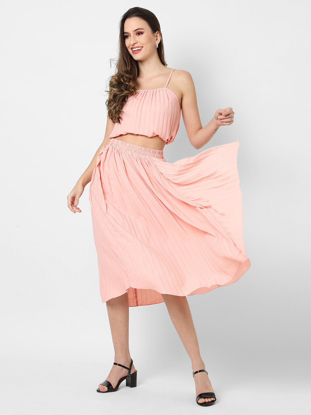Campus Sutra Women Peach Accordion Pleated Skirt & Top Set