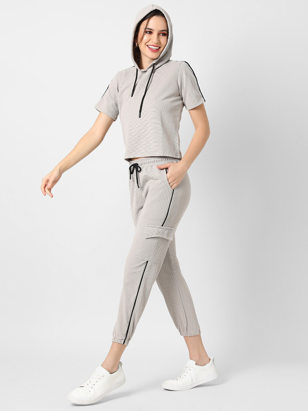PINACOLADA Women Grey Solid Hooded T-Shirt with Trousers