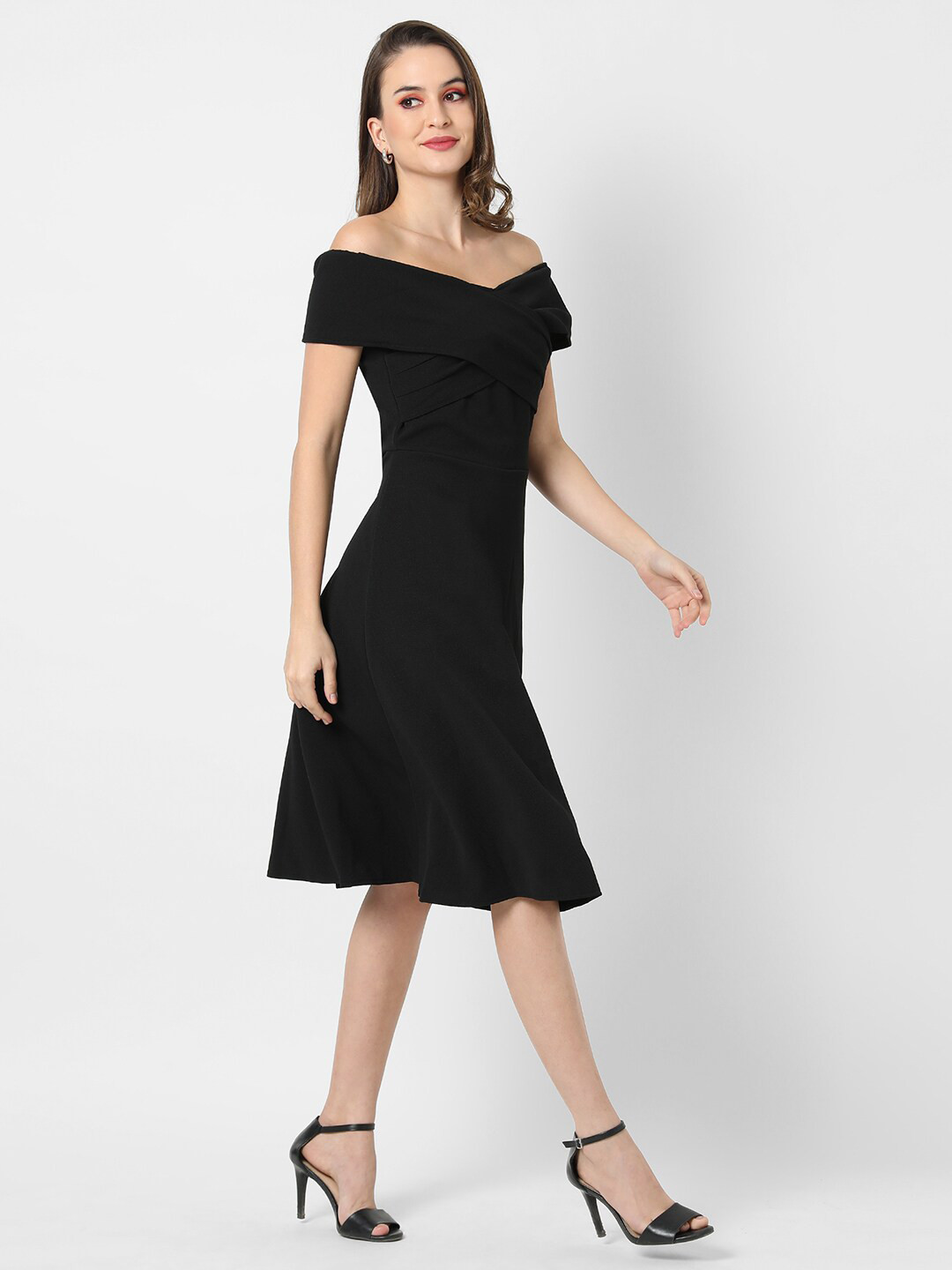 Campus Sutra Black Off-Shoulder Crepe A-Line Dress